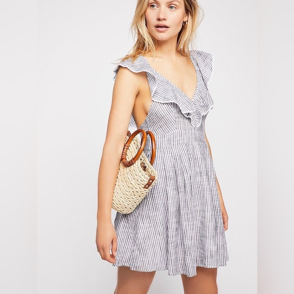 FREE PEOPLE BLUE AND WHITE STRIPE V NECK RUFFLE HEARTLINES MINI DRESS COTTON NWT - Picture 1 of 11